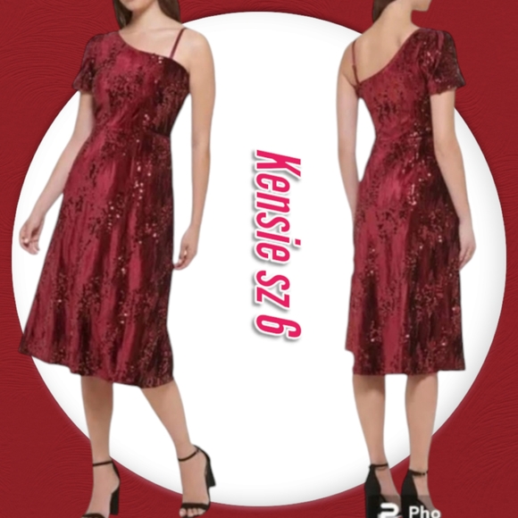 KENSIE Women's Dress One-Shoulder Fit & Flare Sequin Velvet Cocktail Red Midi - Picture 1 of 15